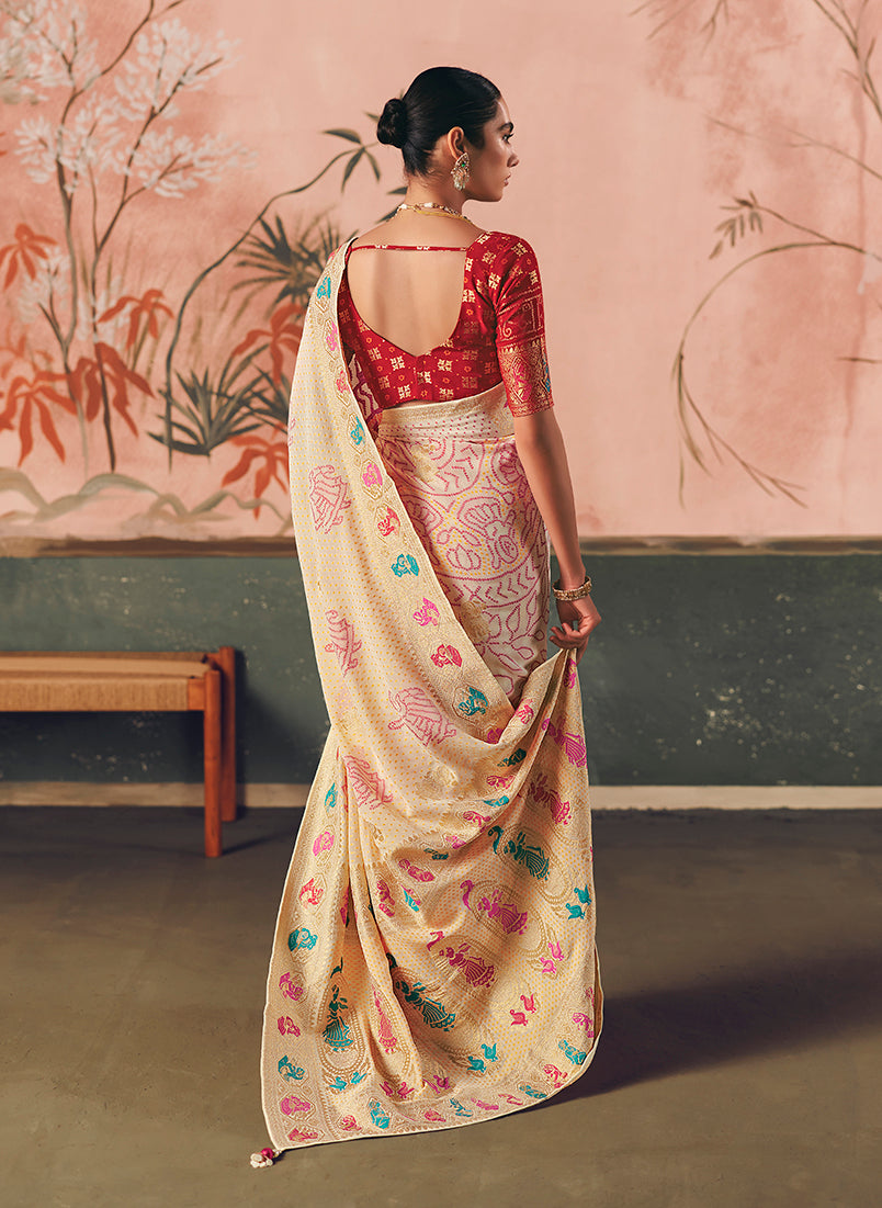 Off White Bandhej Weaving Khaddi Georgette Saree - Monjolika Fashion