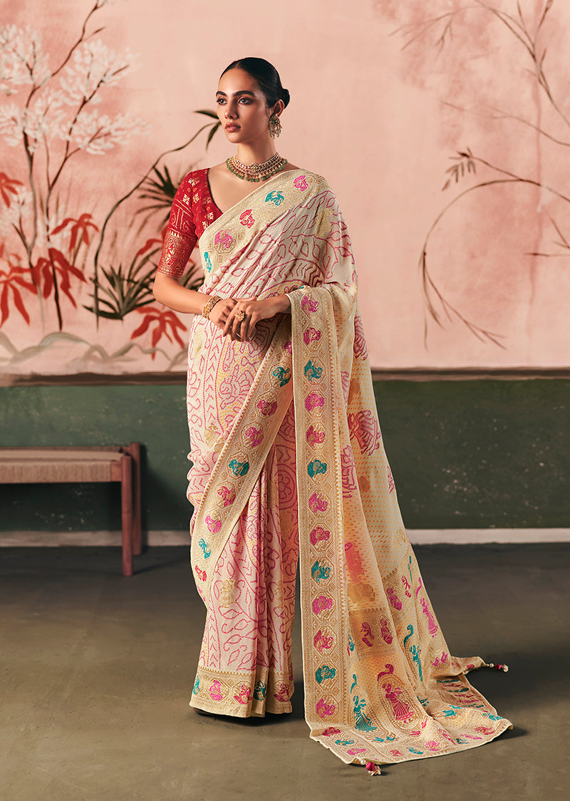 Off White Bandhej Weaving Khaddi Georgette Saree - Monjolika Fashion