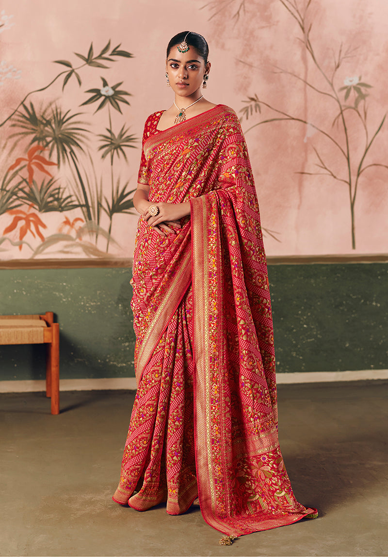 Red Bandhej Weaving Khaddi Georgette Saree - Monjolika Fashion