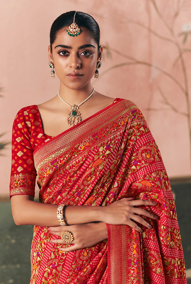 Red Bandhej Weaving Khaddi Georgette Saree - Monjolika Fashion