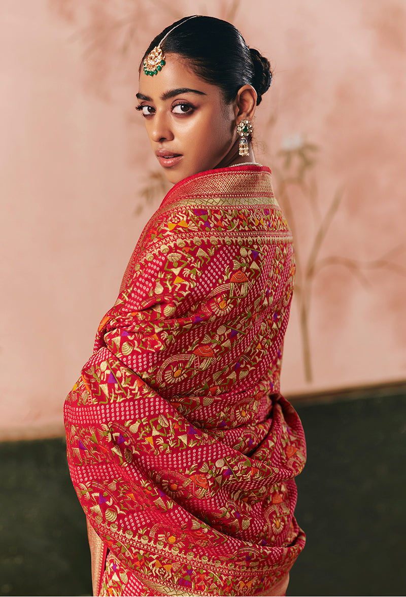 Red Bandhej Weaving Khaddi Georgette Saree - Monjolika Fashion