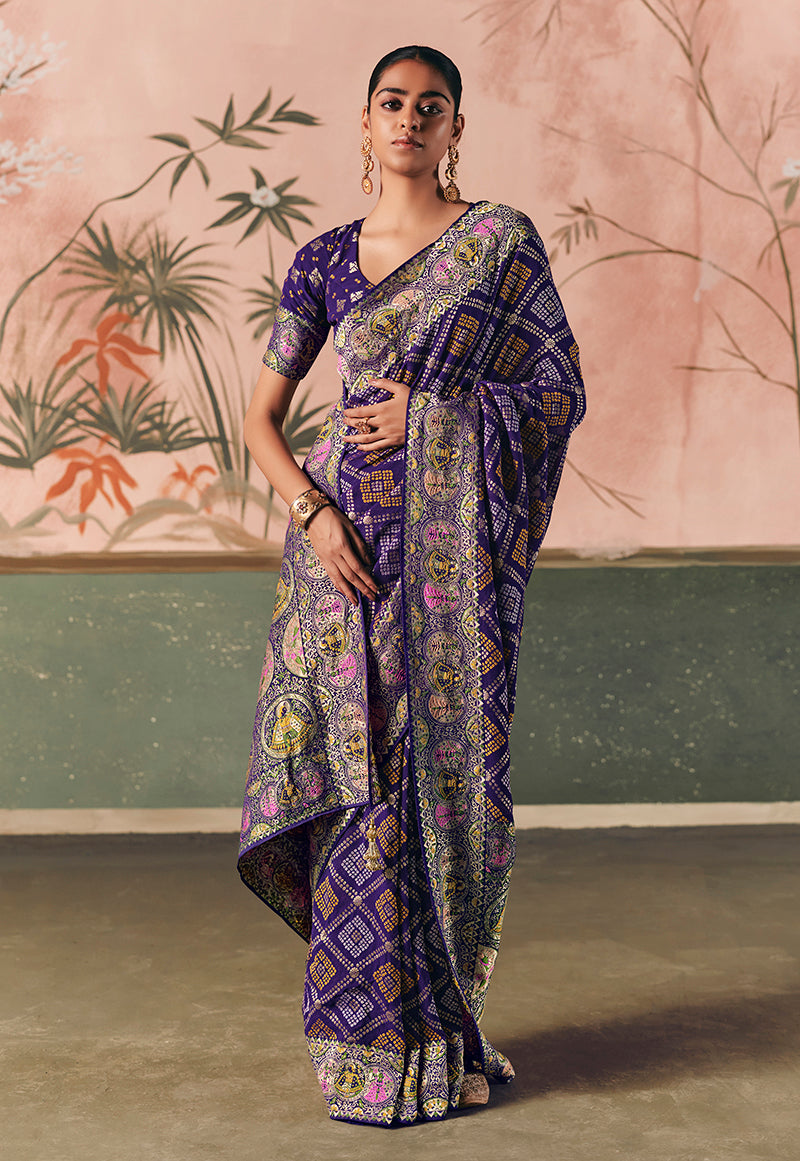 Violet Bandhej Weaving Khaddi Georgette Saree - Monjolika Fashion