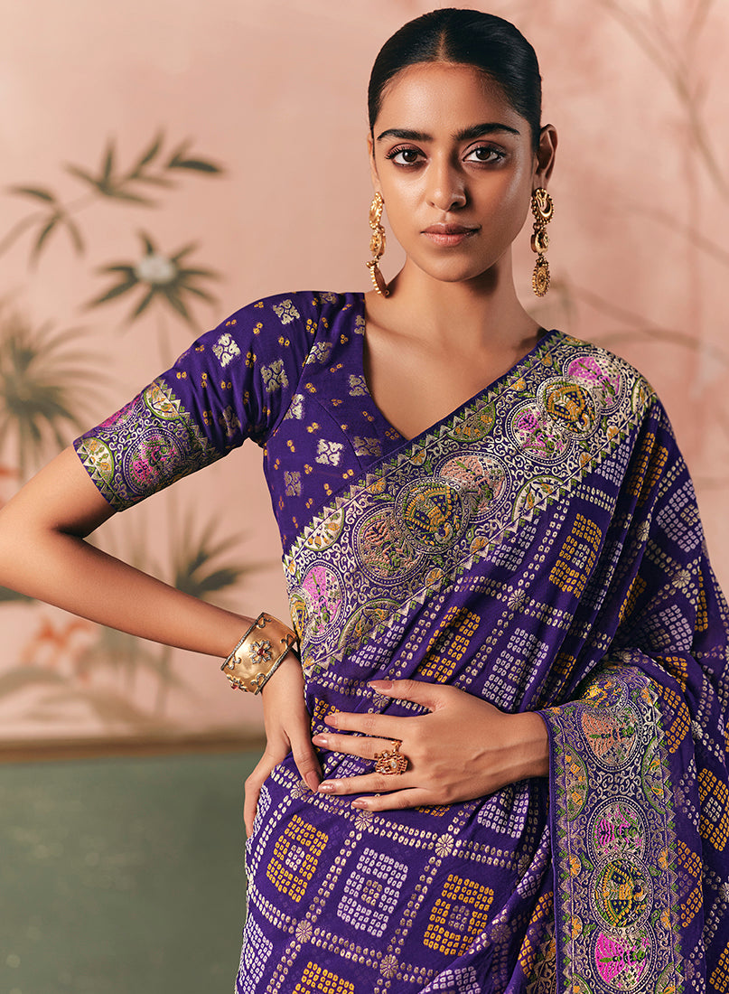 Violet Bandhej Weaving Khaddi Georgette Saree - Monjolika Fashion