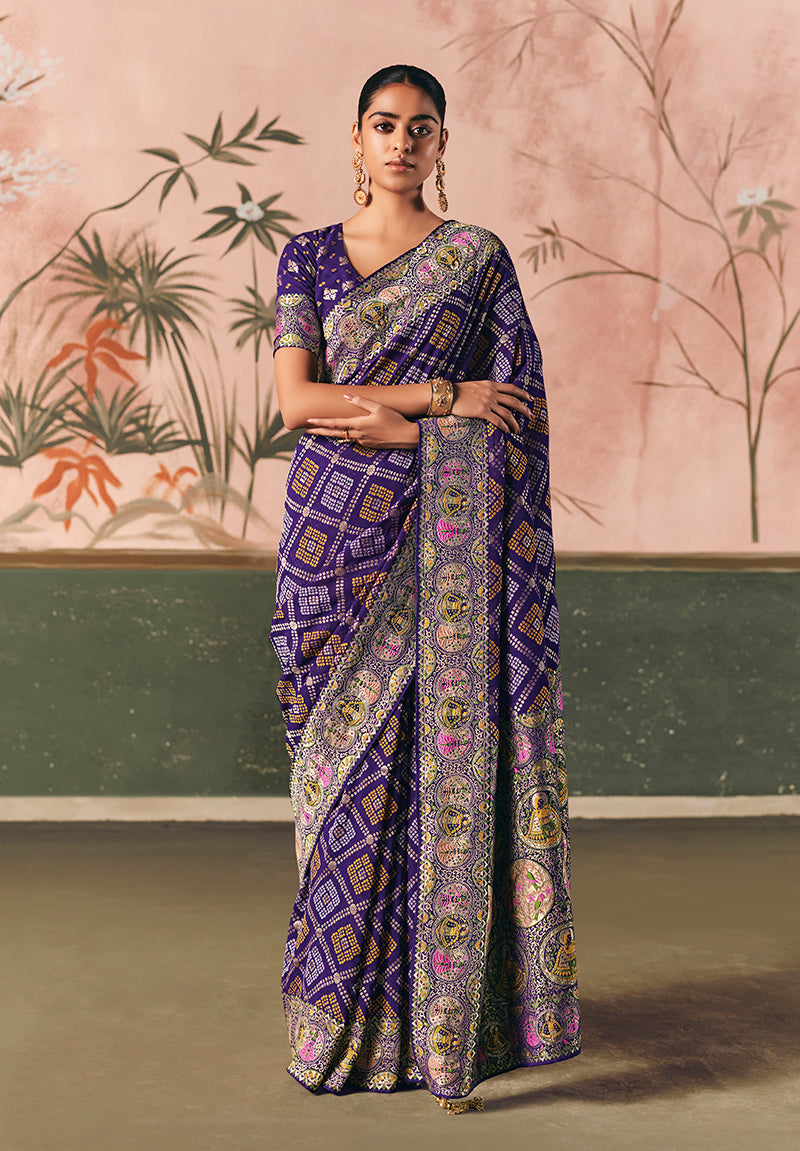 Violet Bandhej Weaving Khaddi Georgette Saree - Monjolika Fashion