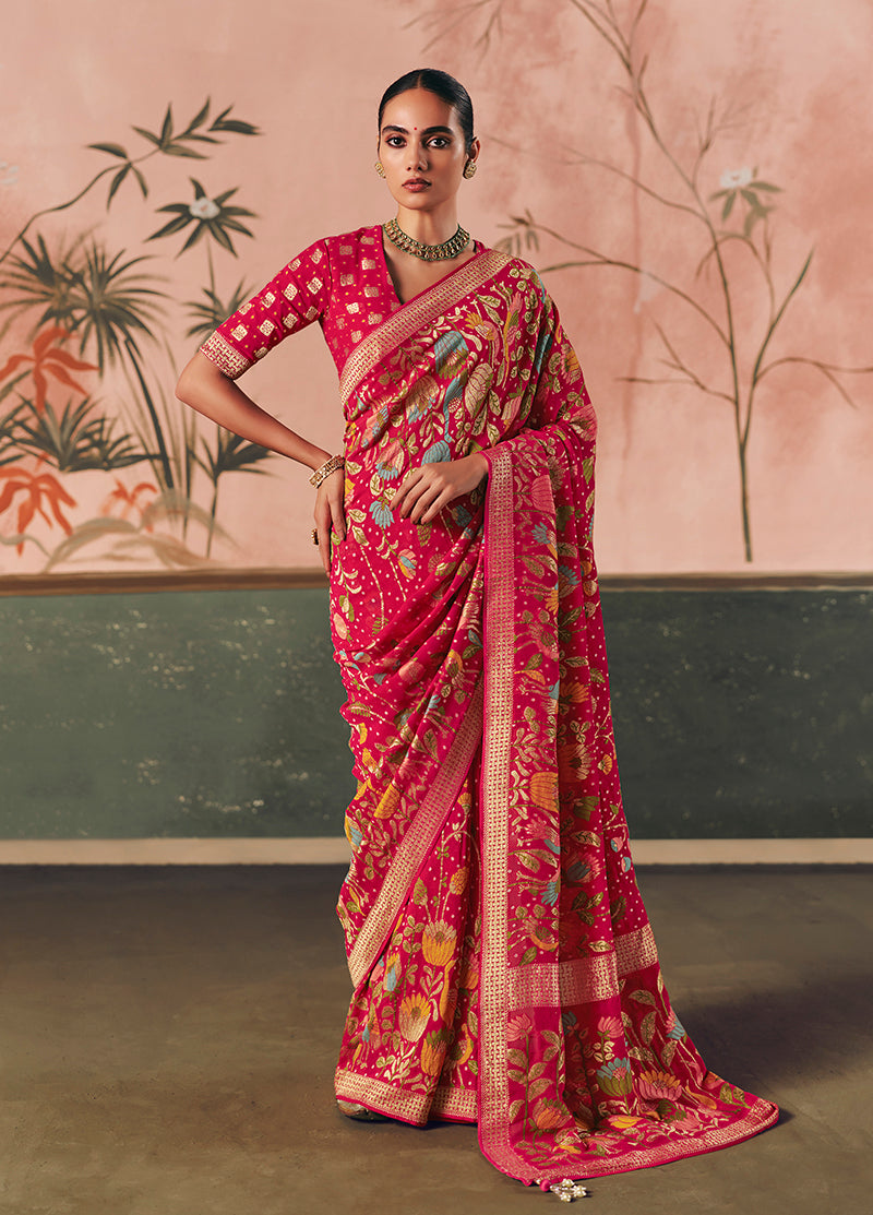Rani Pink Bandhej Weaving Khaddi Georgette Saree - Monjolika Fashion