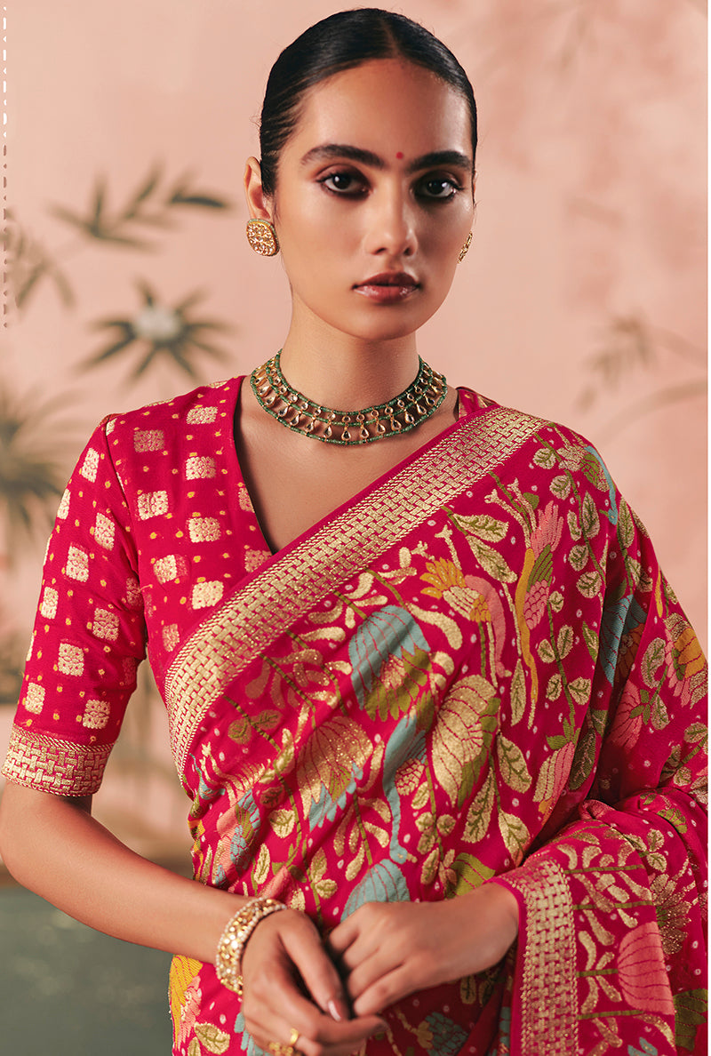Rani Pink Bandhej Weaving Khaddi Georgette Saree - Monjolika Fashion