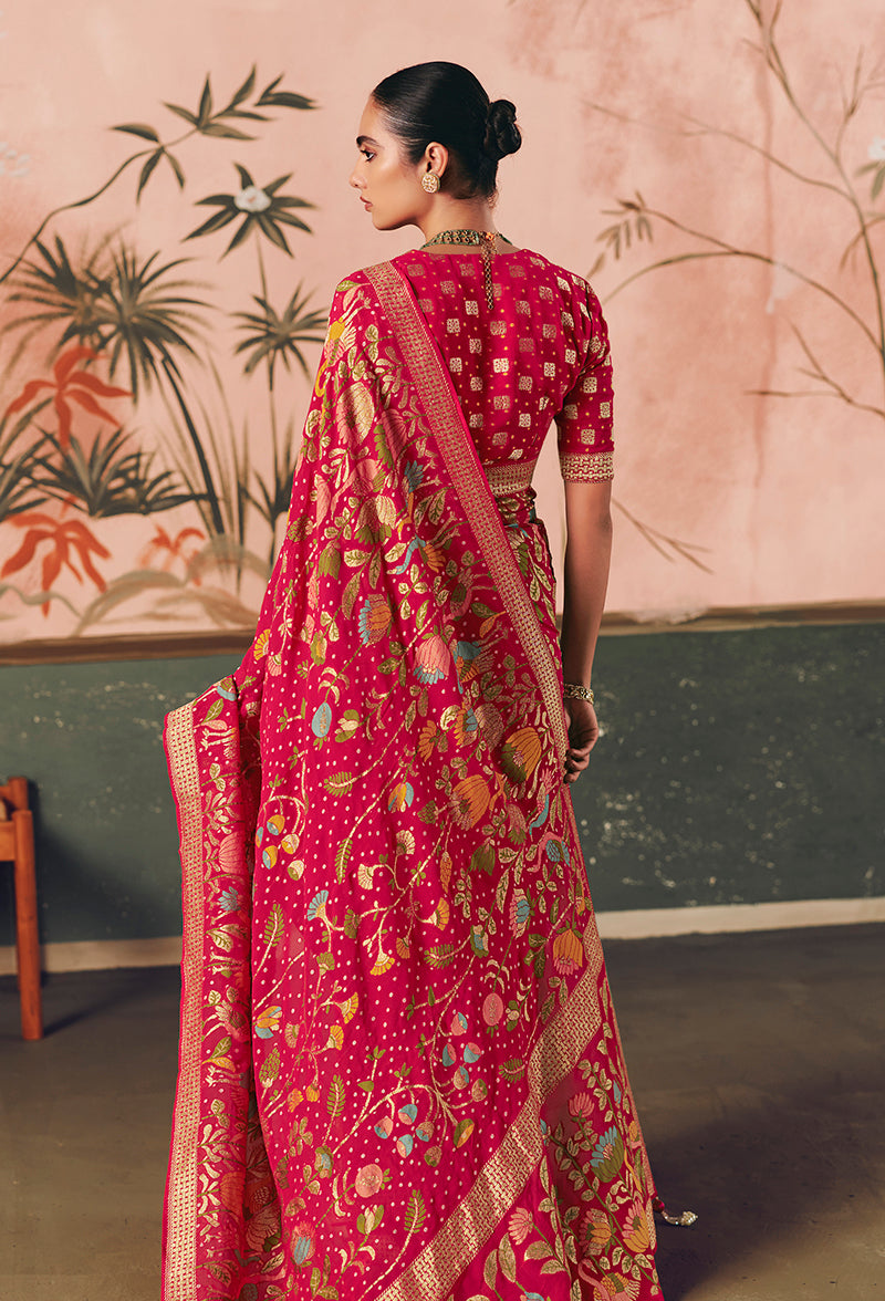 Rani Pink Bandhej Weaving Khaddi Georgette Saree - Monjolika Fashion