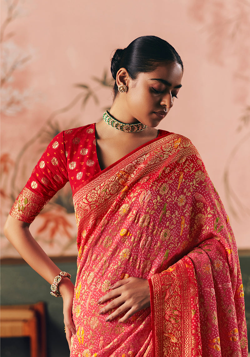 Gajri Pink Bandhej Weaving Khaddi Georgette Saree - Monjolika Fashion