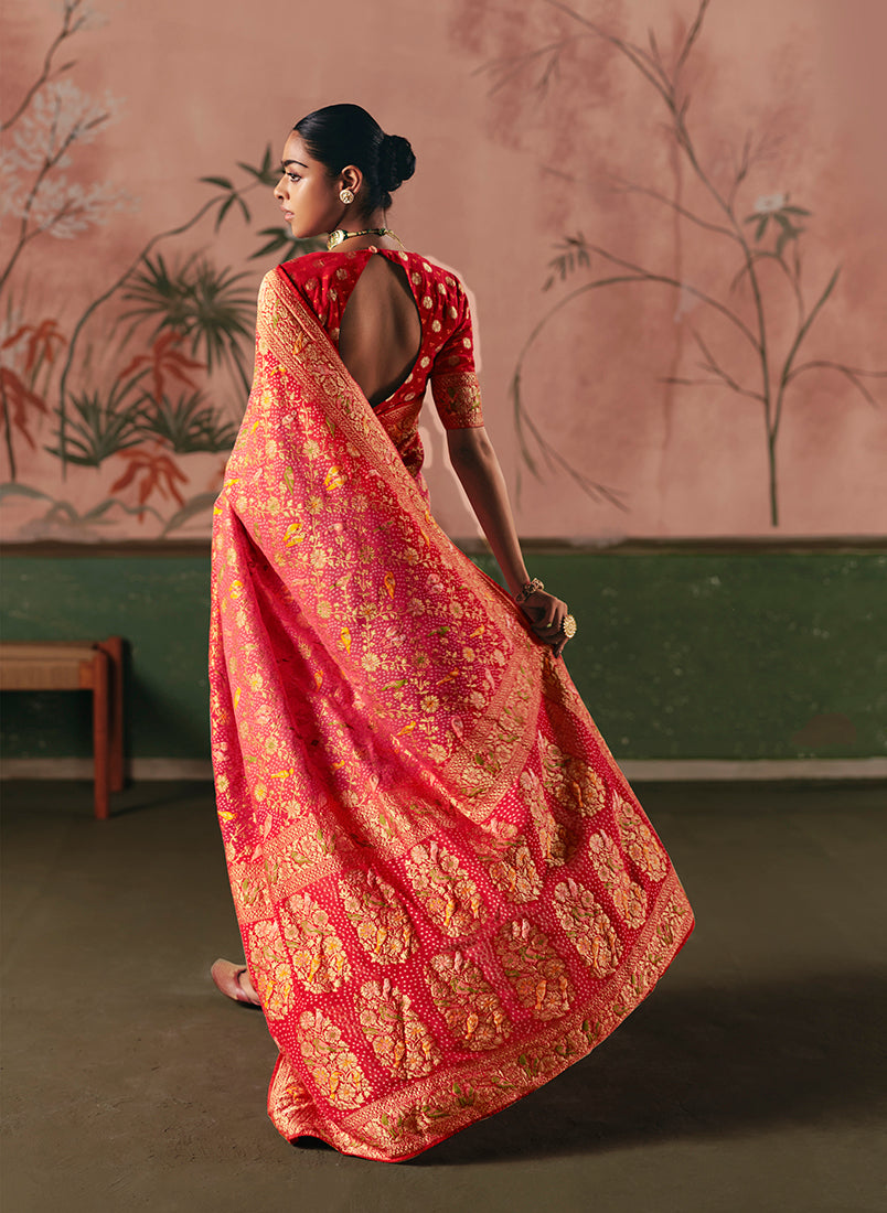 Gajri Pink Bandhej Weaving Khaddi Georgette Saree - Monjolika Fashion