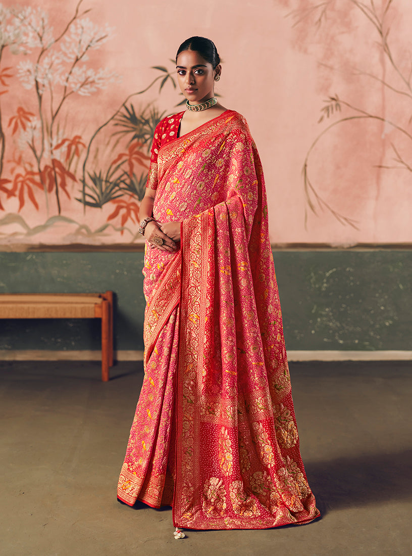 Gajri Pink Bandhej Weaving Khaddi Georgette Saree - Monjolika Fashion