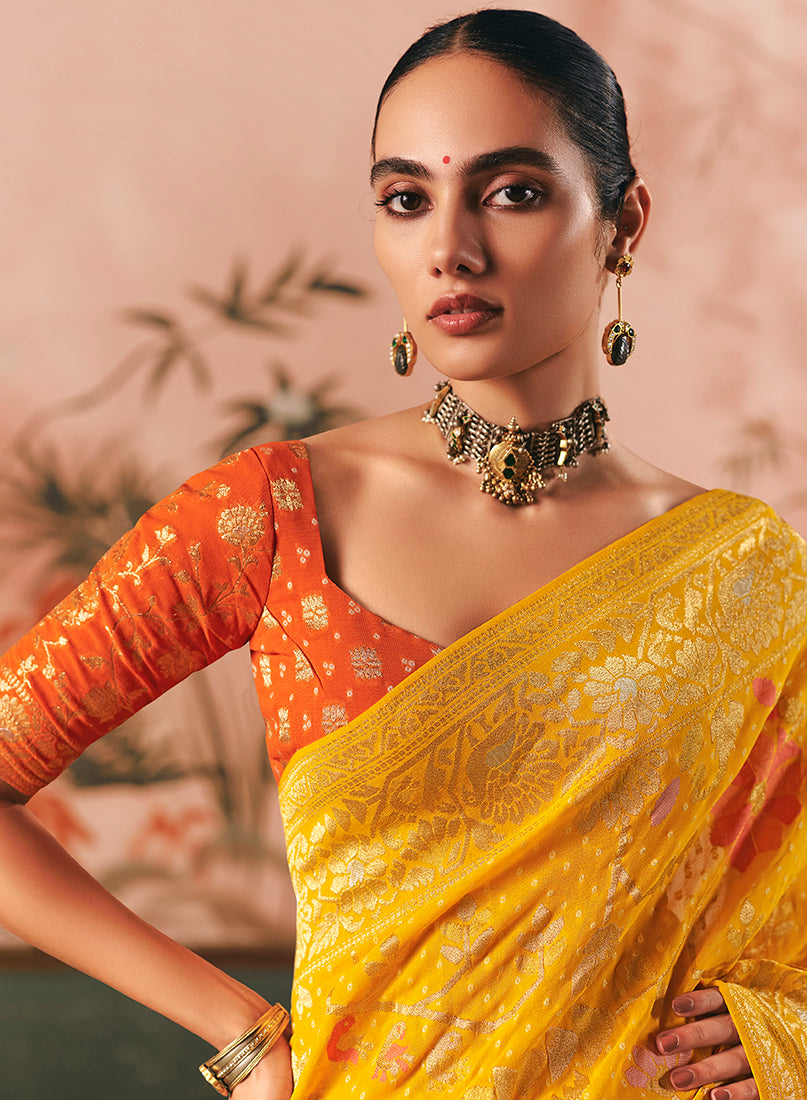 Yellow Bandhej Weaving Khaddi Georgette Saree - Monjolika Fashion