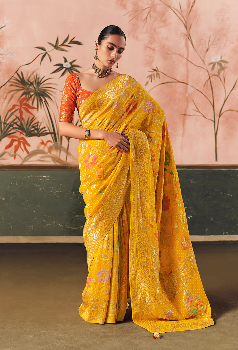 Yellow Bandhej Weaving Khaddi Georgette Saree - Monjolika Fashion