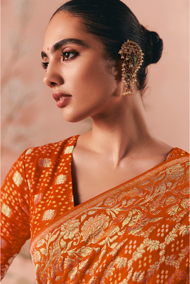 Orange Bandhej Weaving Khaddi Georgette Saree - Monjolika Fashion