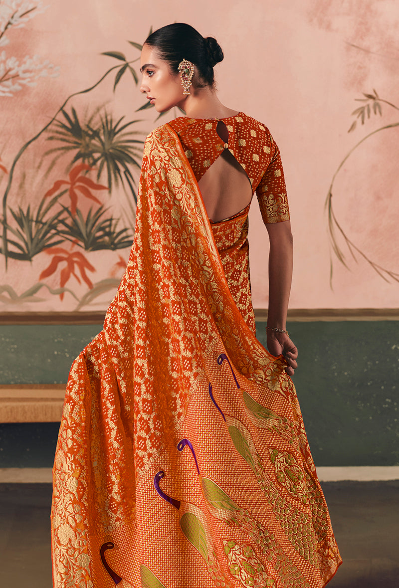 Orange Bandhej Weaving Khaddi Georgette Saree - Monjolika Fashion