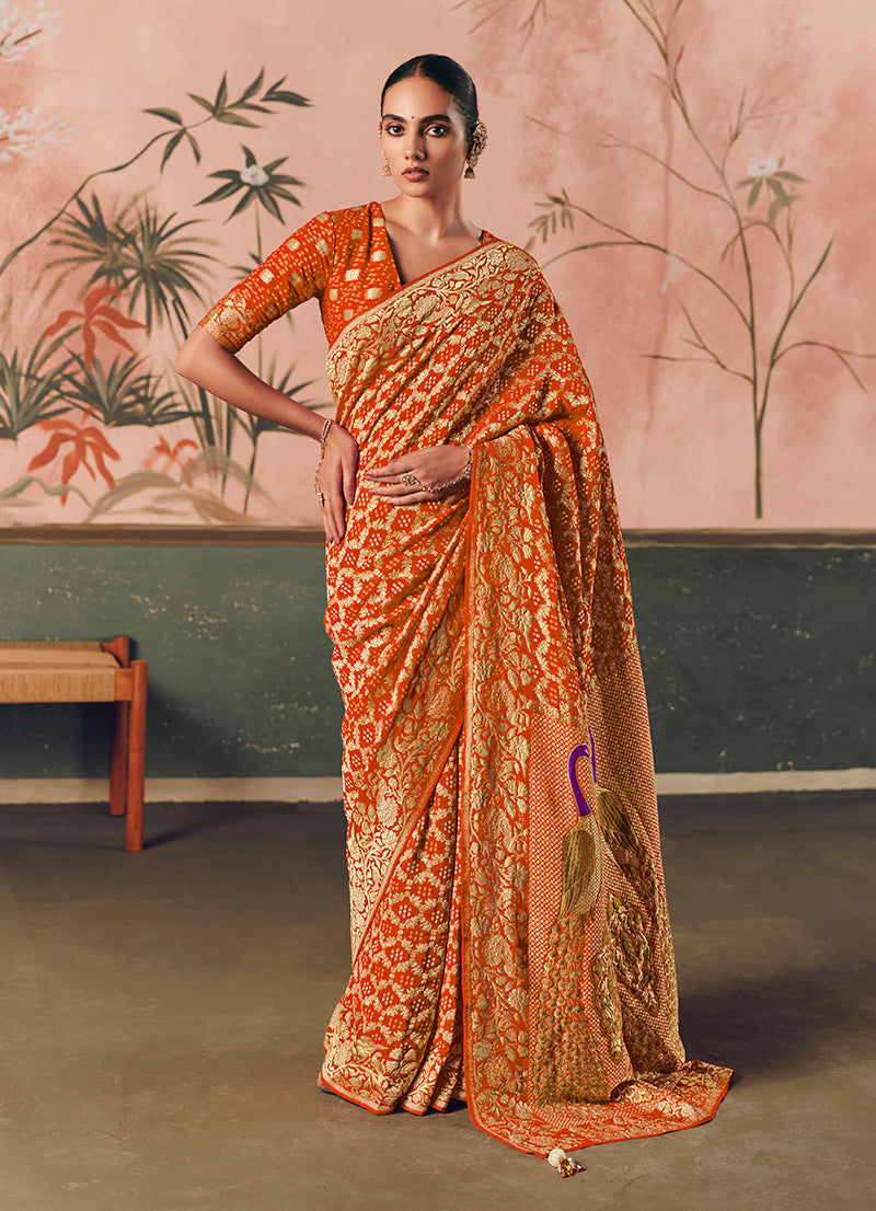 Orange Bandhej Weaving Khaddi Georgette Saree - Monjolika Fashion