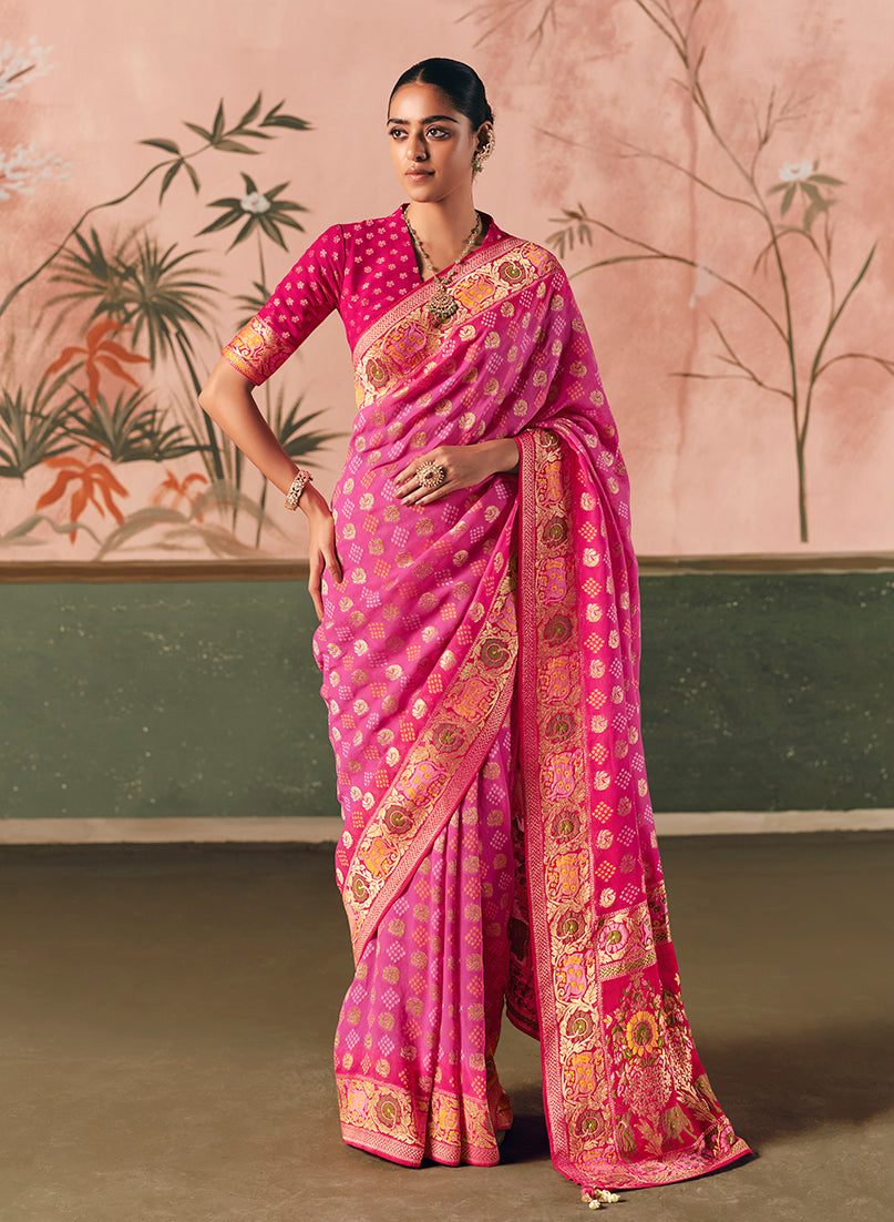 Pink Bandhej Weaving Khaddi Georgette Saree - Monjolika Fashion