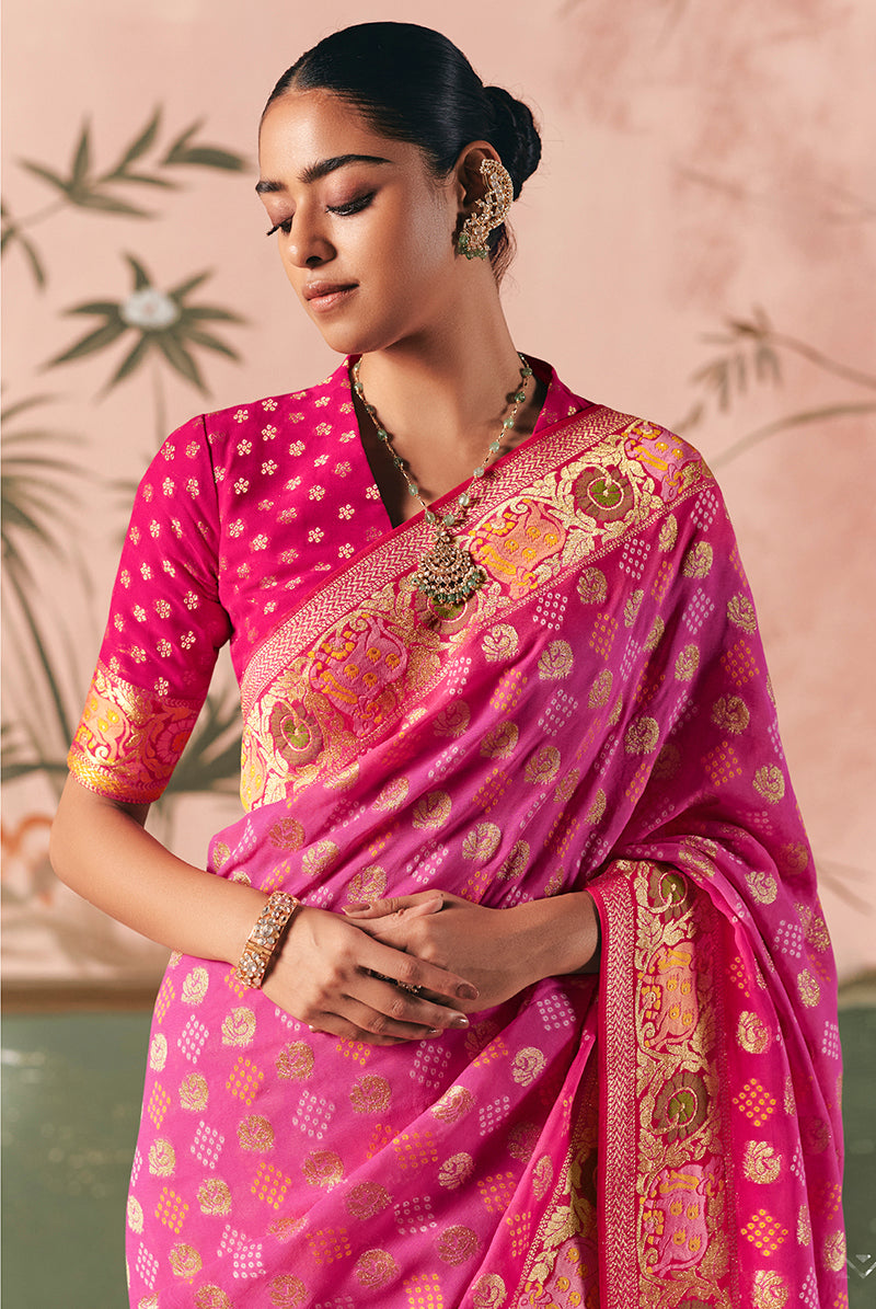 Pink Bandhej Weaving Khaddi Georgette Saree - Monjolika Fashion