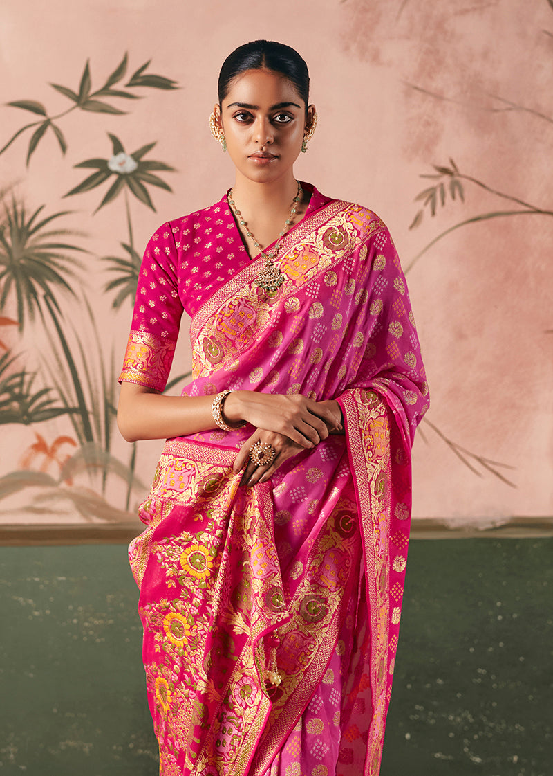 Pink Bandhej Weaving Khaddi Georgette Saree - Monjolika Fashion