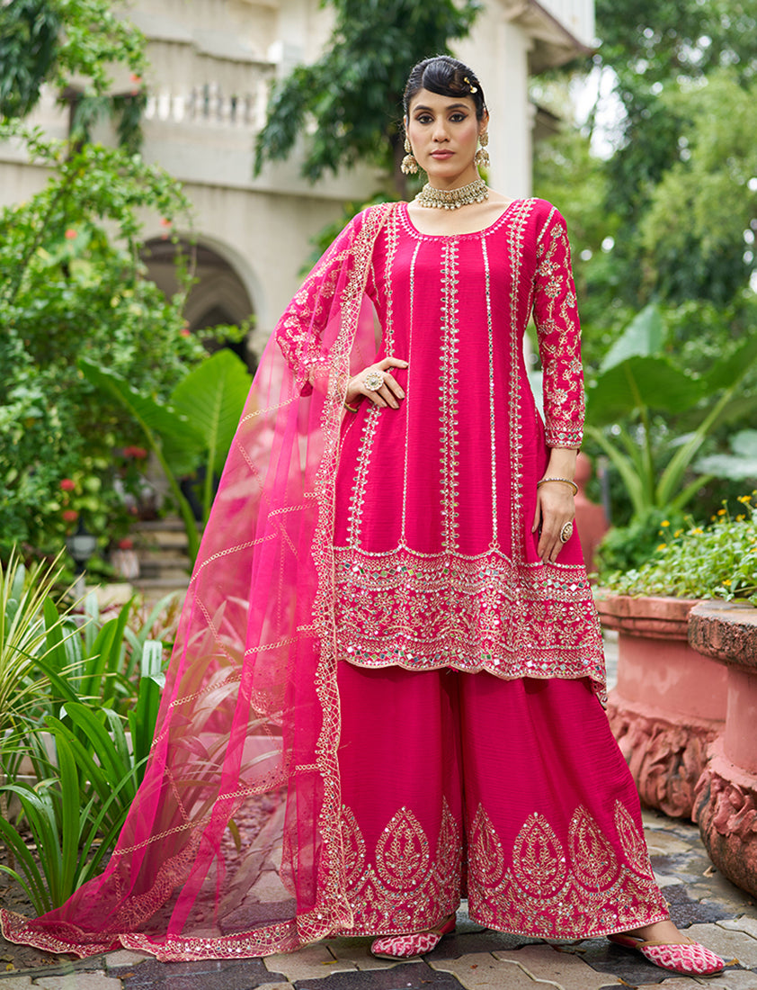 Rani Pink Embroidered Chinnon Readymade Palazzo Suit - Monjolika Fashion