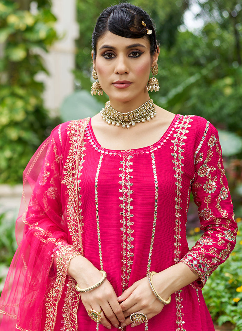 Rani Pink Embroidered Chinnon Readymade Palazzo Suit - Monjolika Fashion
