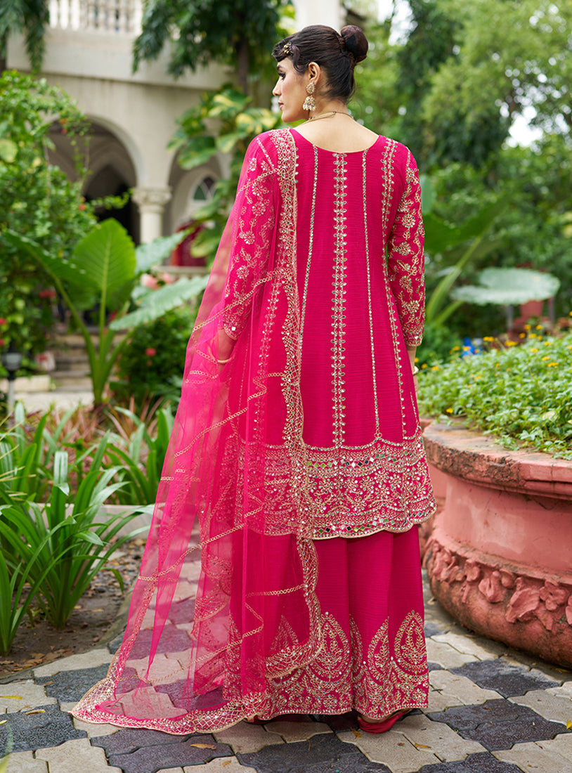 Rani Pink Embroidered Chinnon Readymade Palazzo Suit - Monjolika Fashion