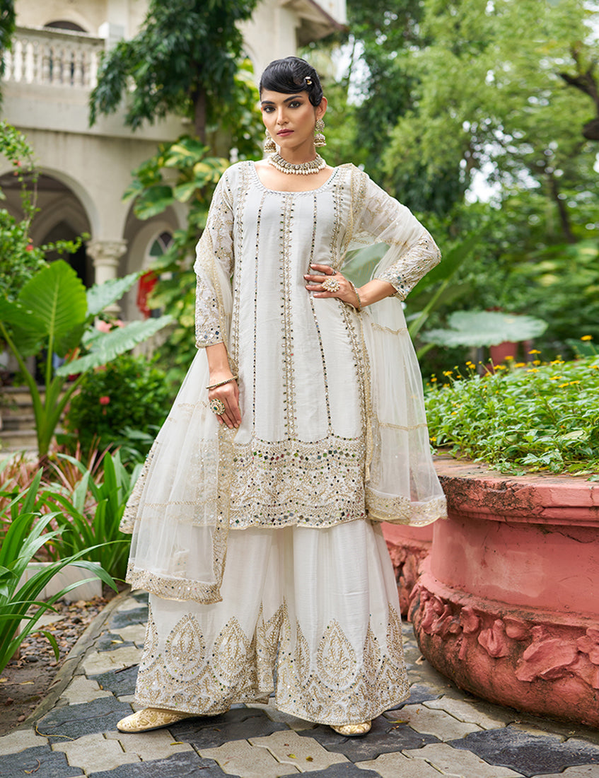 White Embroidered Chinnon Readymade Palazzo Suit - Monjolika Fashion