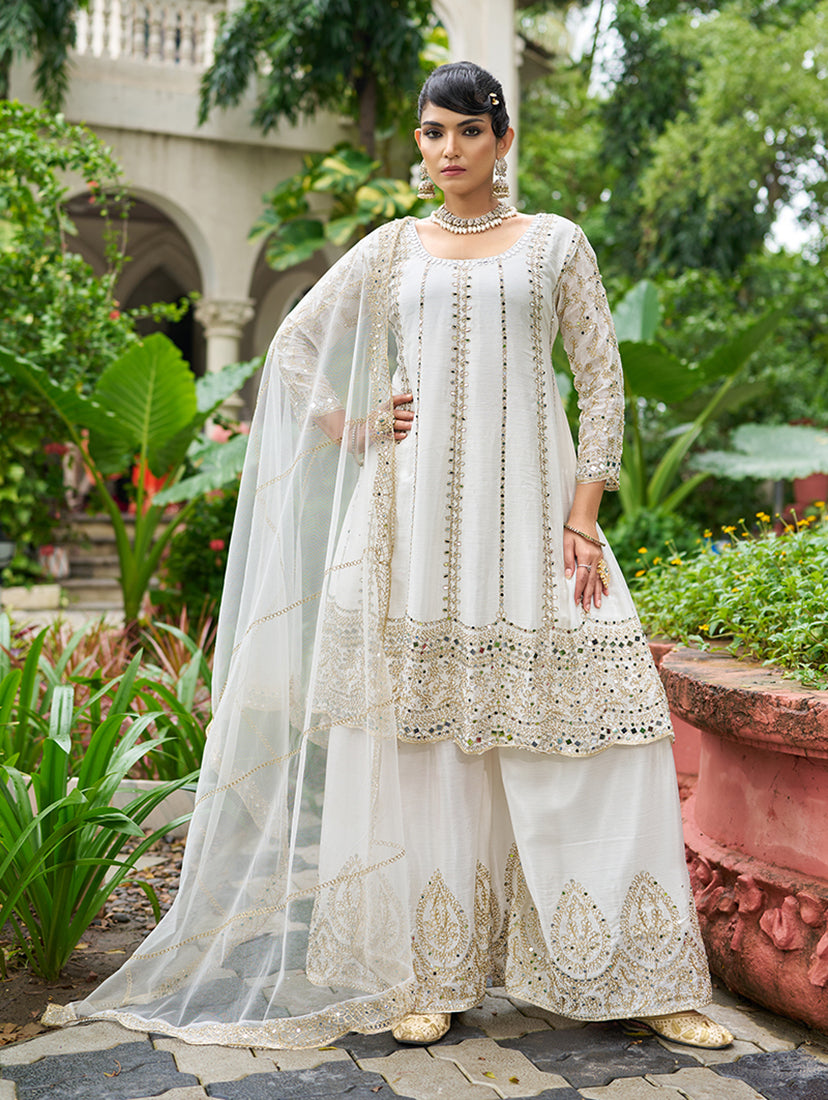 White Embroidered Chinnon Readymade Palazzo Suit - Monjolika Fashion