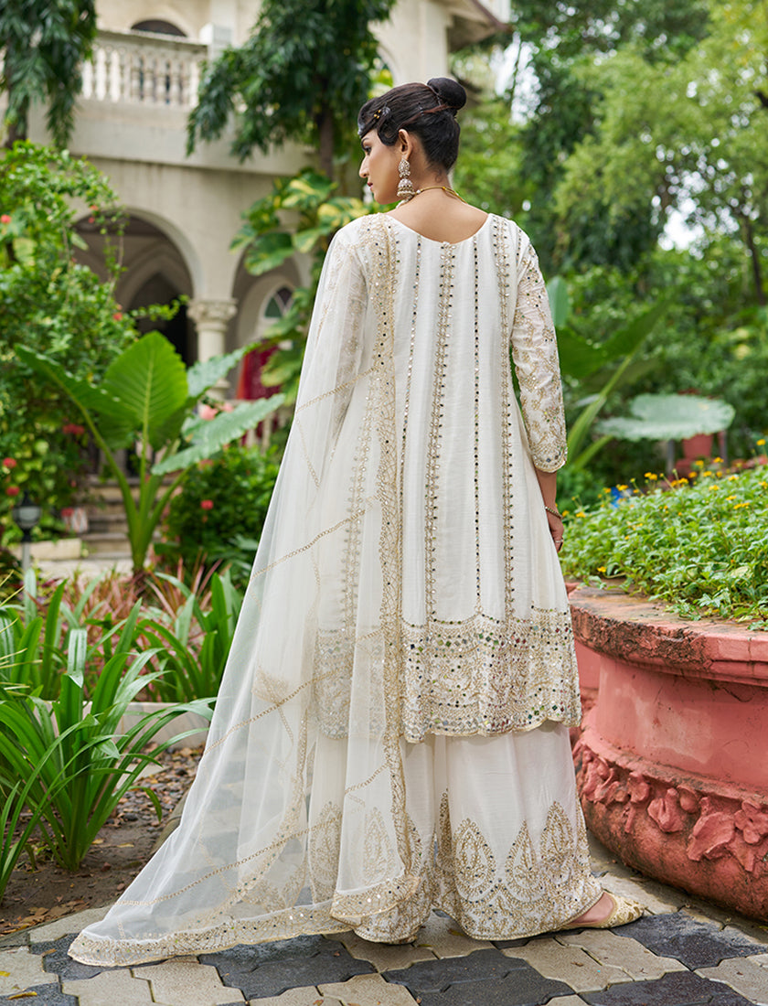 White Embroidered Chinnon Readymade Palazzo Suit - Monjolika Fashion