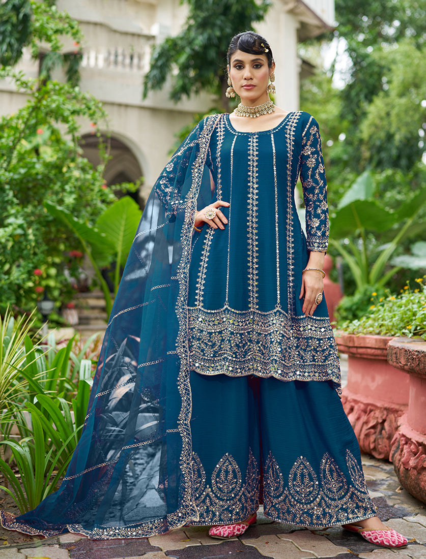 Peacock Blue Embroidered Chinnon Readymade Palazzo Suit - Monjolika Fashion