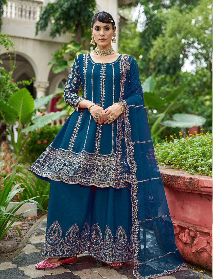 Peacock Blue Embroidered Chinnon Readymade Palazzo Suit - Monjolika Fashion