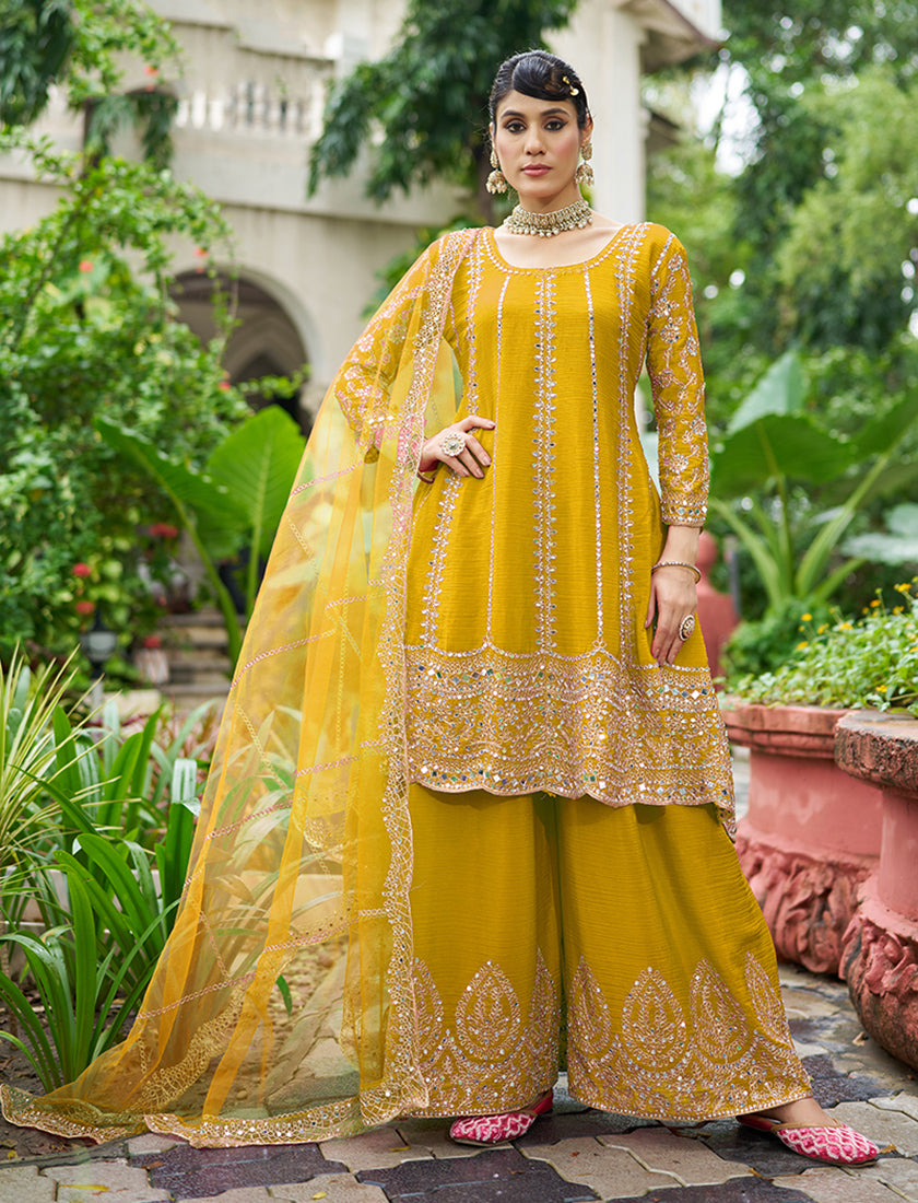 Mustard Embroidered Chinnon Readymade Palazzo Suit - Monjolika Fashion