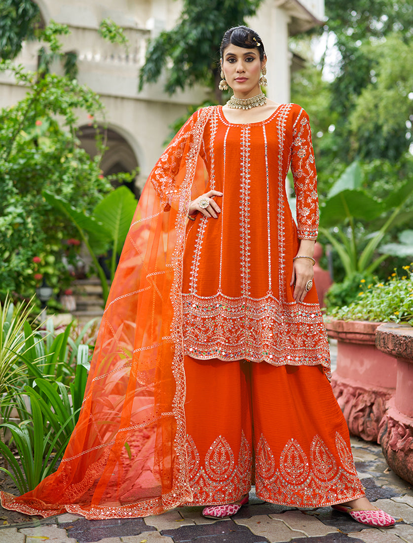 Orange Embroidered Chinnon Readymade Palazzo Suit - Monjolika Fashion