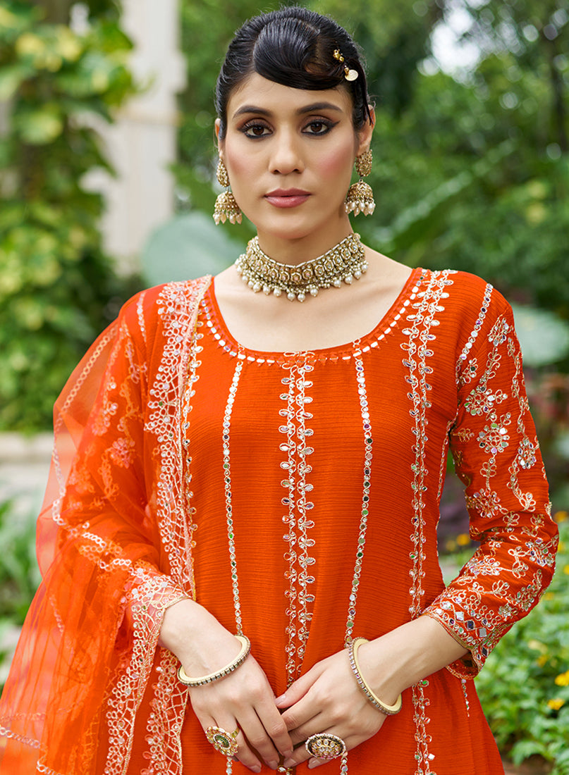 Orange Embroidered Chinnon Readymade Palazzo Suit - Monjolika Fashion
