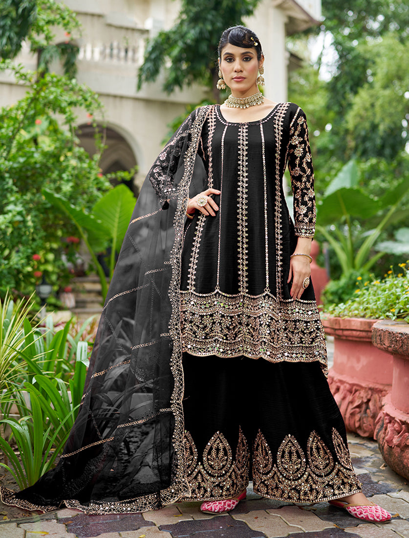 Black Embroidered Chinnon Readymade Palazzo Suit - Monjolika Fashion