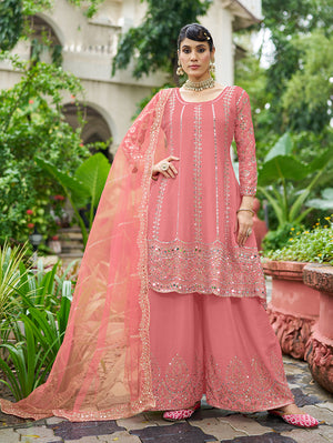 Pink Embroidered Chinnon Readymade Palazzo Suit