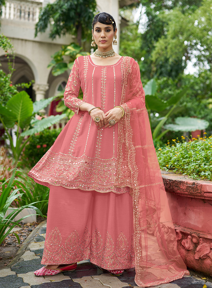 Pink Embroidered Chinnon Readymade Palazzo Suit - Monjolika Fashion