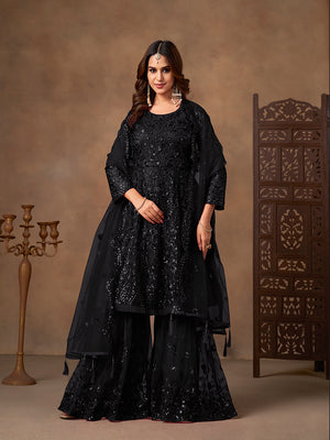 Black embroidered net palazzo suit