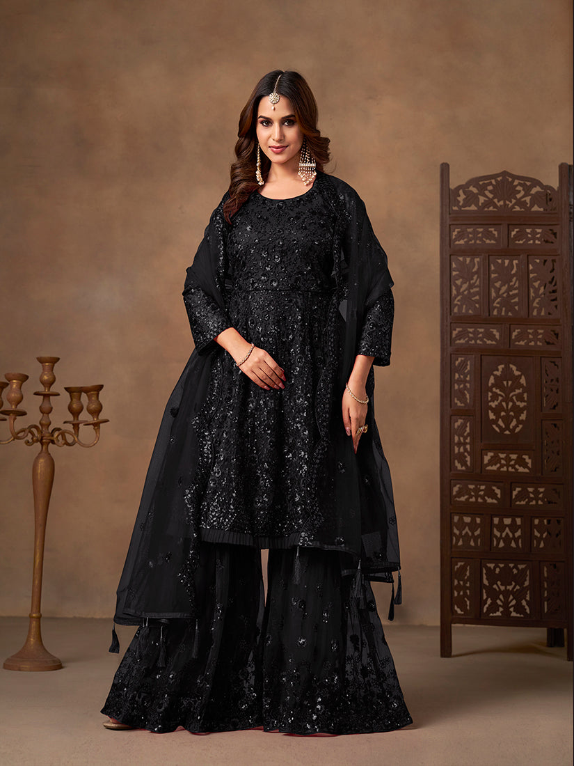 Black embroidered net palazzo suit - Monjolika Fashion