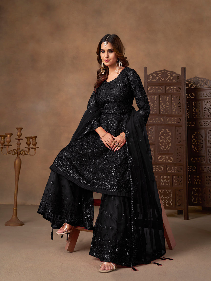 Black embroidered net palazzo suit - Monjolika Fashion