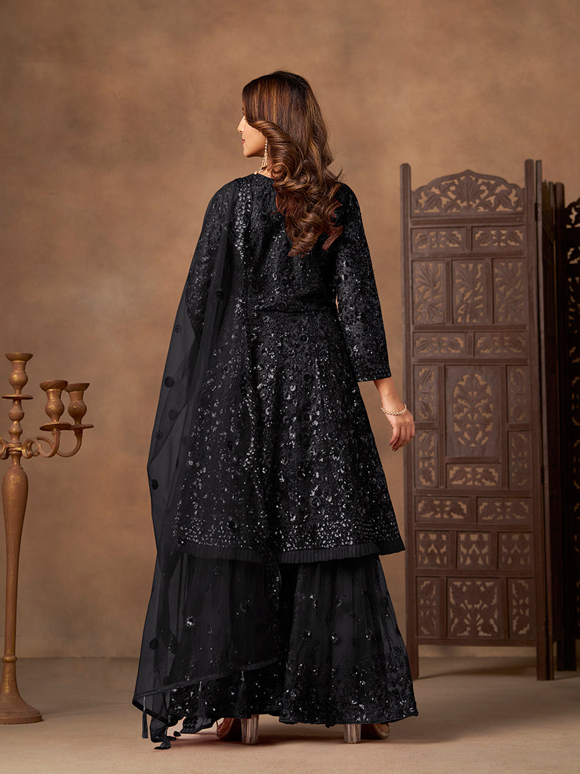 Black embroidered net palazzo suit - Monjolika Fashion