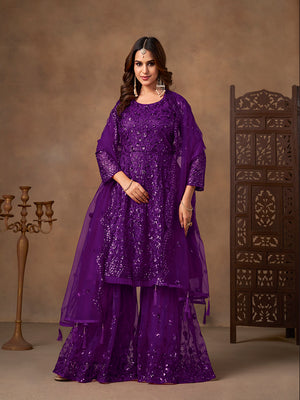 Purple embroidered net palazzo suit