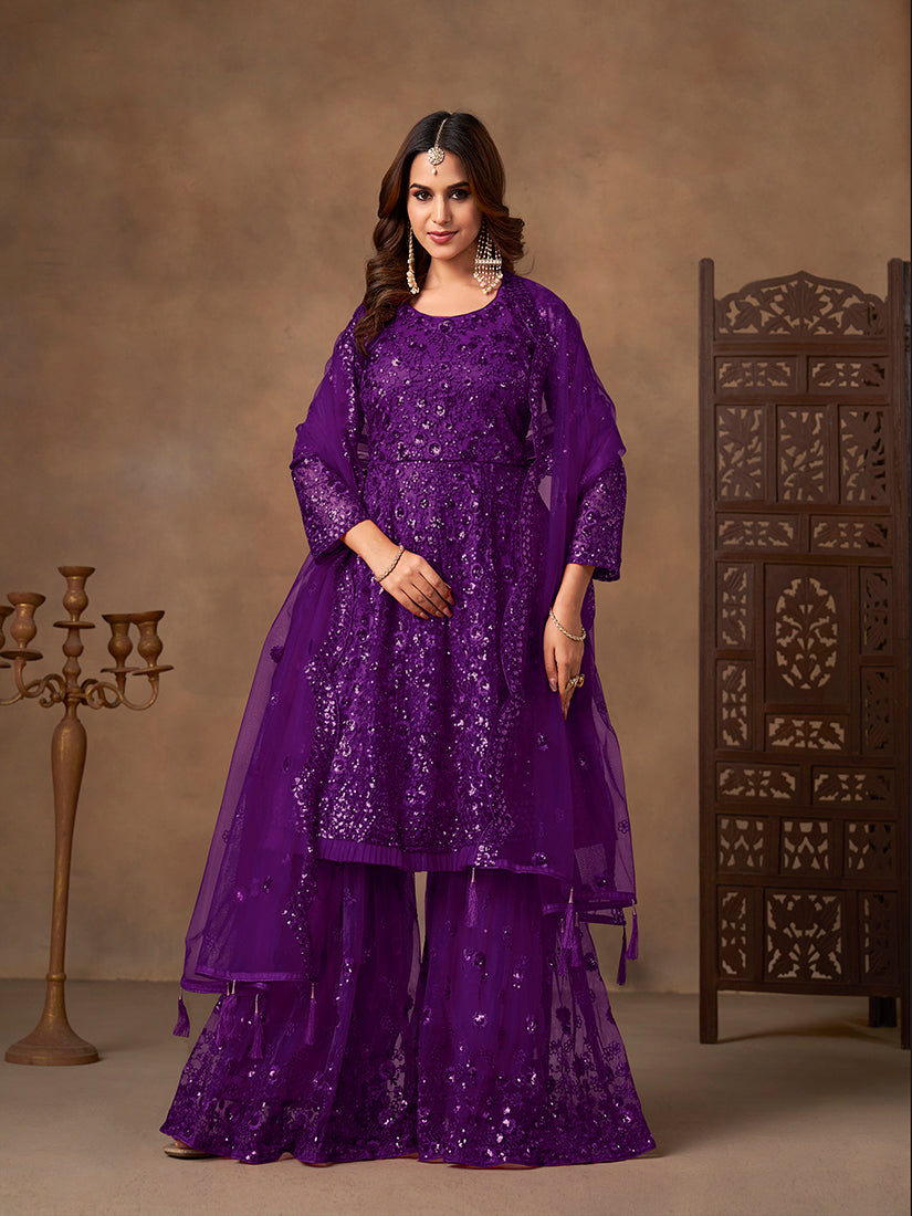 Purple embroidered net palazzo suit - Monjolika Fashion