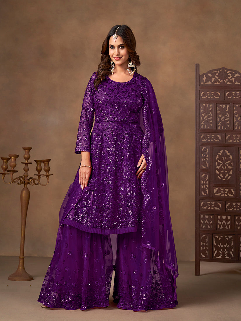 Purple embroidered net palazzo suit - Monjolika Fashion