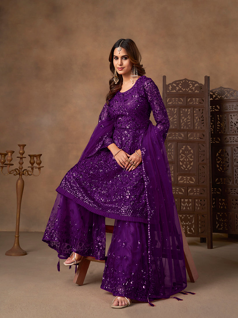 Purple embroidered net palazzo suit - Monjolika Fashion
