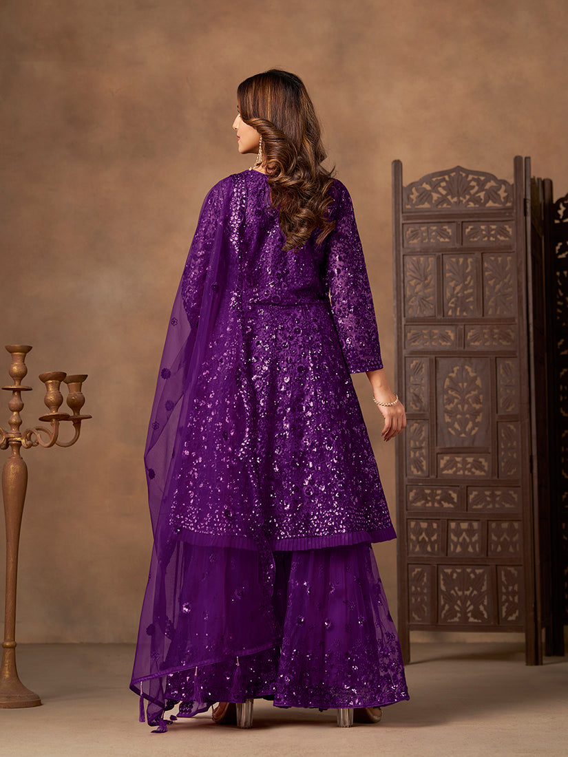 Purple embroidered net palazzo suit - Monjolika Fashion