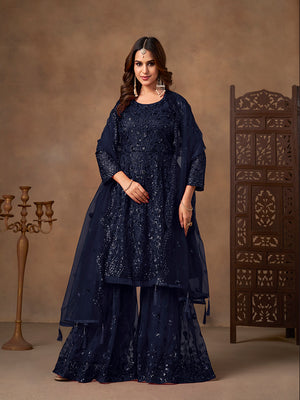 Navy blue embroidered net palazzo suit