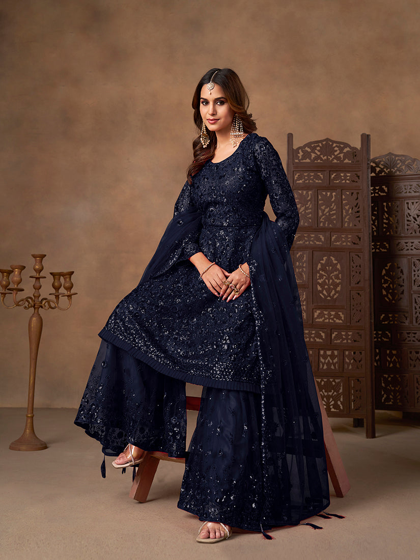 Navy blue embroidered net palazzo suit - Monjolika Fashion