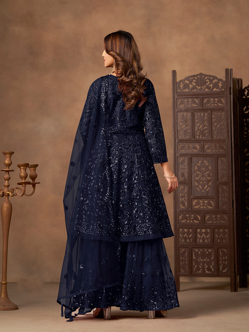 Navy blue embroidered net palazzo suit - Monjolika Fashion