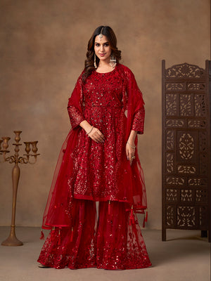 Red embroidered net palazzo suit