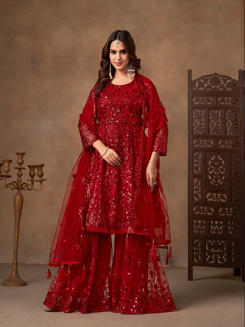 Red embroidered net palazzo suit - Monjolika Fashion